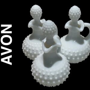 Vintage 1970s Avon White Milk Glass Hobnail Mini Cruet / Decanter - Set of 3